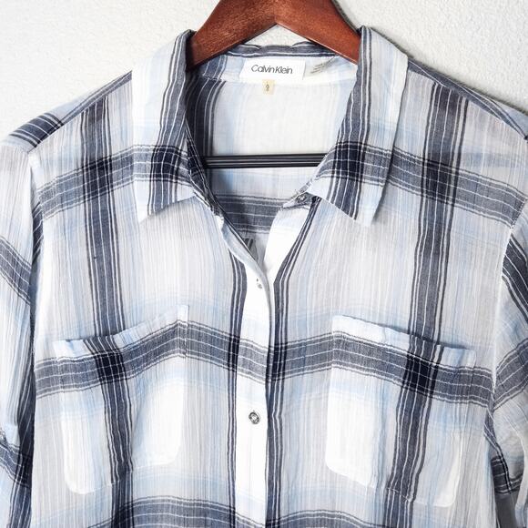 Calvin Klein Women’s Gauzy Plaid Shirt Dress Coastal Minimalist Light Cotton L - Picture 3 of 8